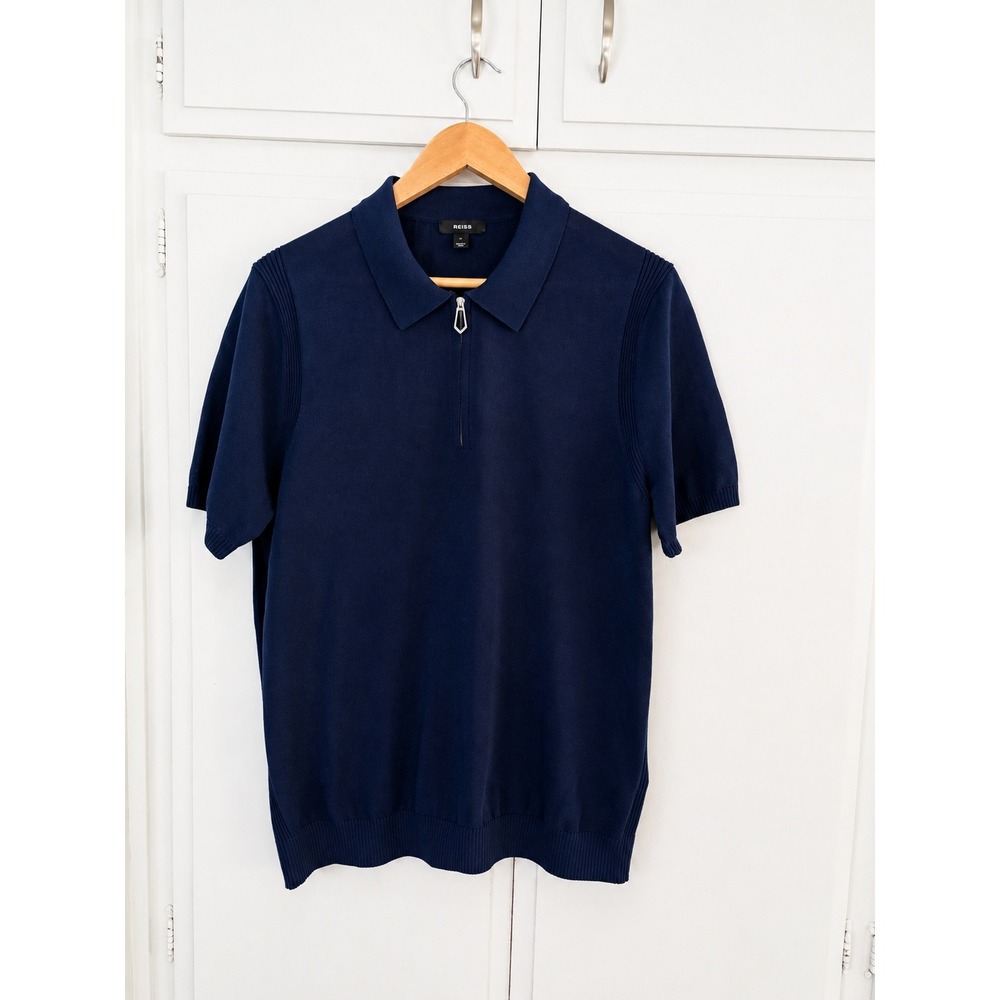 Reiss Mens Navy Blue Knit Quarter Zip Polo Shirt Short Sleeve Size L